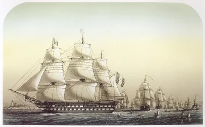 La squadra francese che naviga al largo del Grande Belt. La nave ammiraglia Inflexible può essere vista in primo piano, che guida la squadra